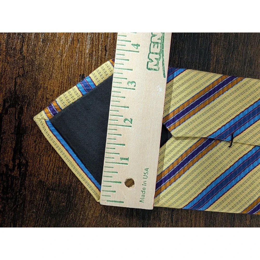 Jos A Bank Woven Silk Tie Gold‎ Blue Orange Striped 60